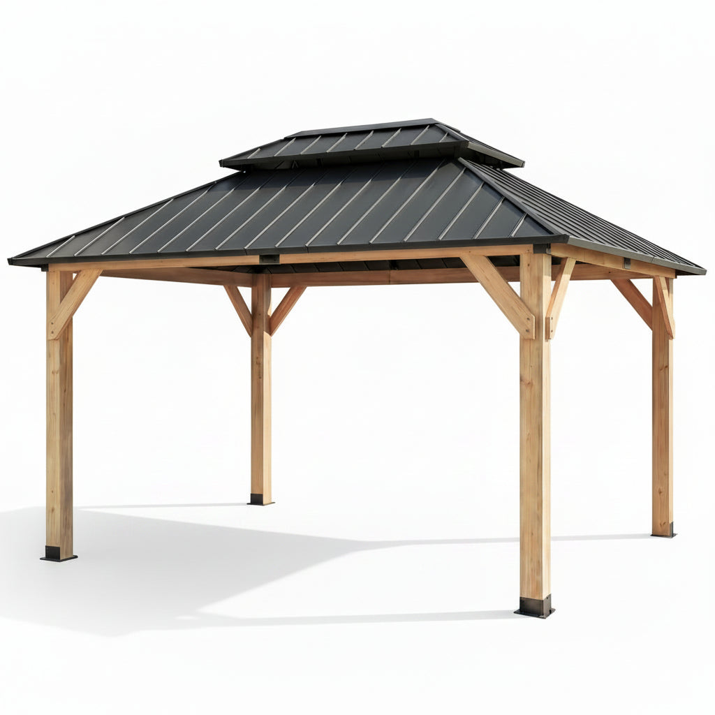 10' X 12' Outdoor Wood Gazebo,Metal Hardtop Gazebo Color DIY | Permanent Pavilion with Galvanized Steel Double Roof for Backyard, Garden(Windproof, Snow-Load Bearing, Rustproof)