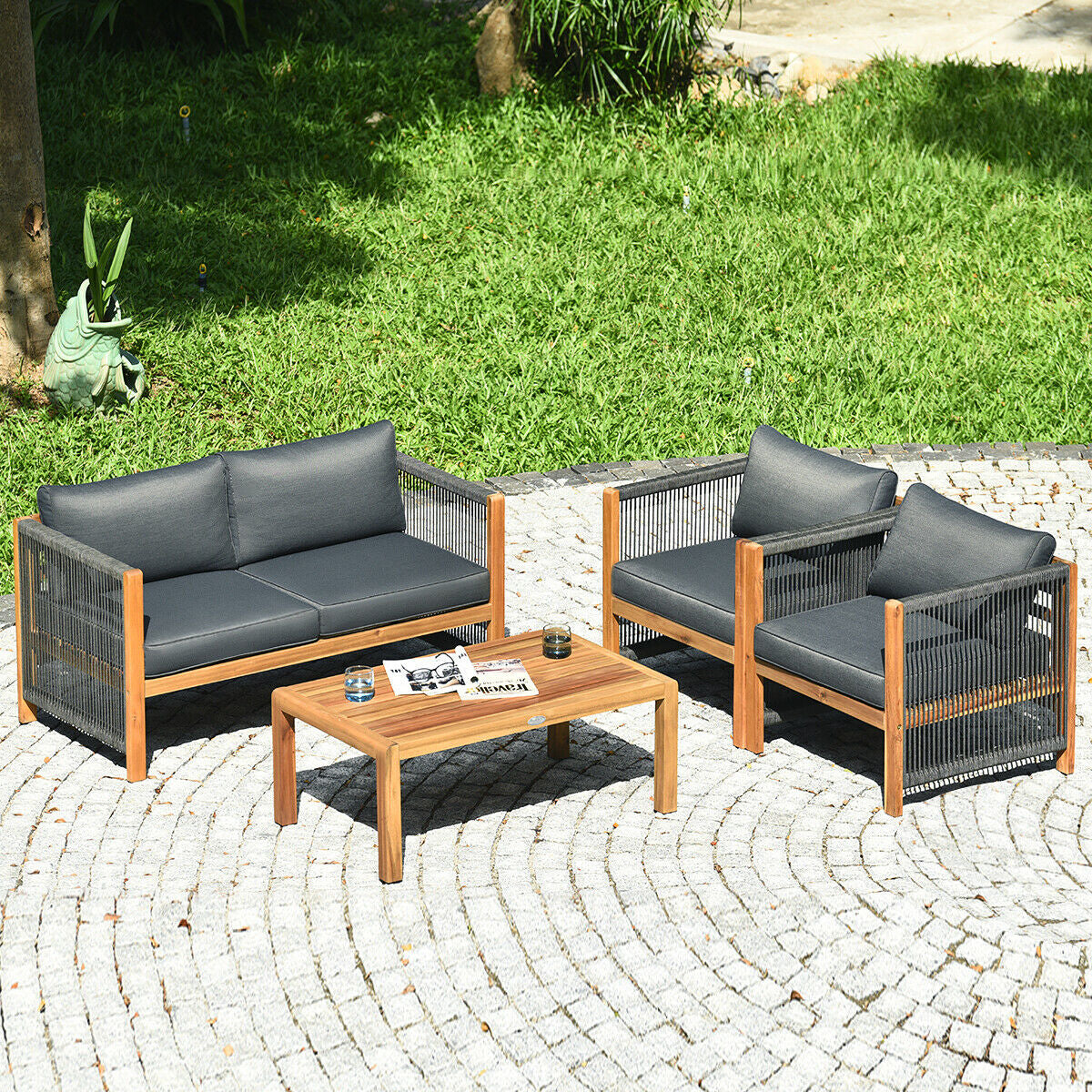 4 Pieces Acacia Wood Outdoor Patio Furniture Set with Cushions