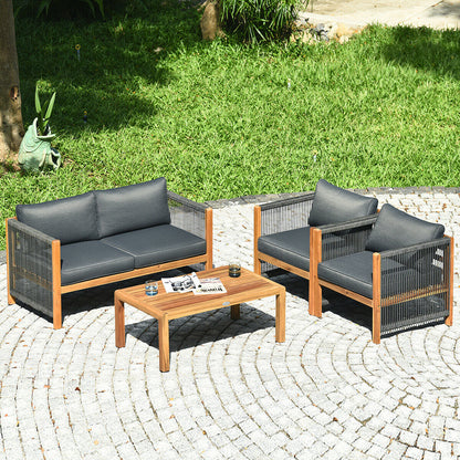4 Pieces Acacia Wood Outdoor Patio Furniture Set with Cushions
