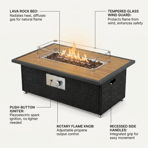Outdoor Fire Pit Table Built to Last, 50,000 BTU Propane, Tempered Glass Top, Weather Cover, 43 Inch
