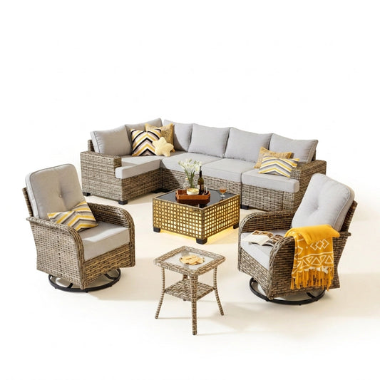 9 Pieces Patio Furniture Set outside Furniture Wicker Patio Conversation Set with Swivel Chairs, Outdoor Furniture for Garden, Gray — Studio Shot