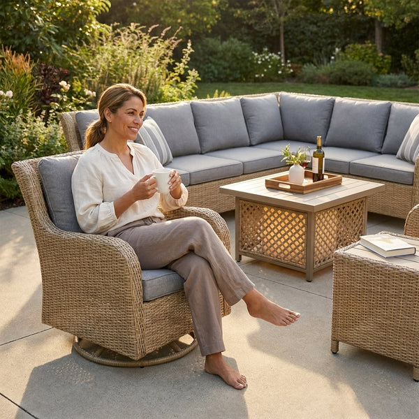 Patio Furniture Set Designed for Outdoor Living, 9 Piece Wicker Collection, Swivel Chairs, Modular Seating