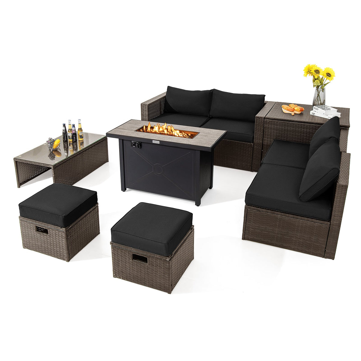 9 Pieces Outdoor Patio Furniture Set with 42 Inch Propane Fire Pit Table
