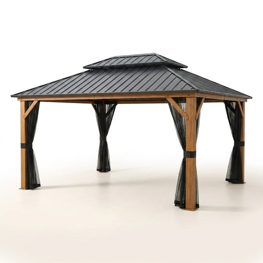 Apollo 12 Ft. X 14 Ft. Wood like Aluminum Hardtop Gazebo with Galvanized Steel Roof and Mosquito Net — Studio Shot